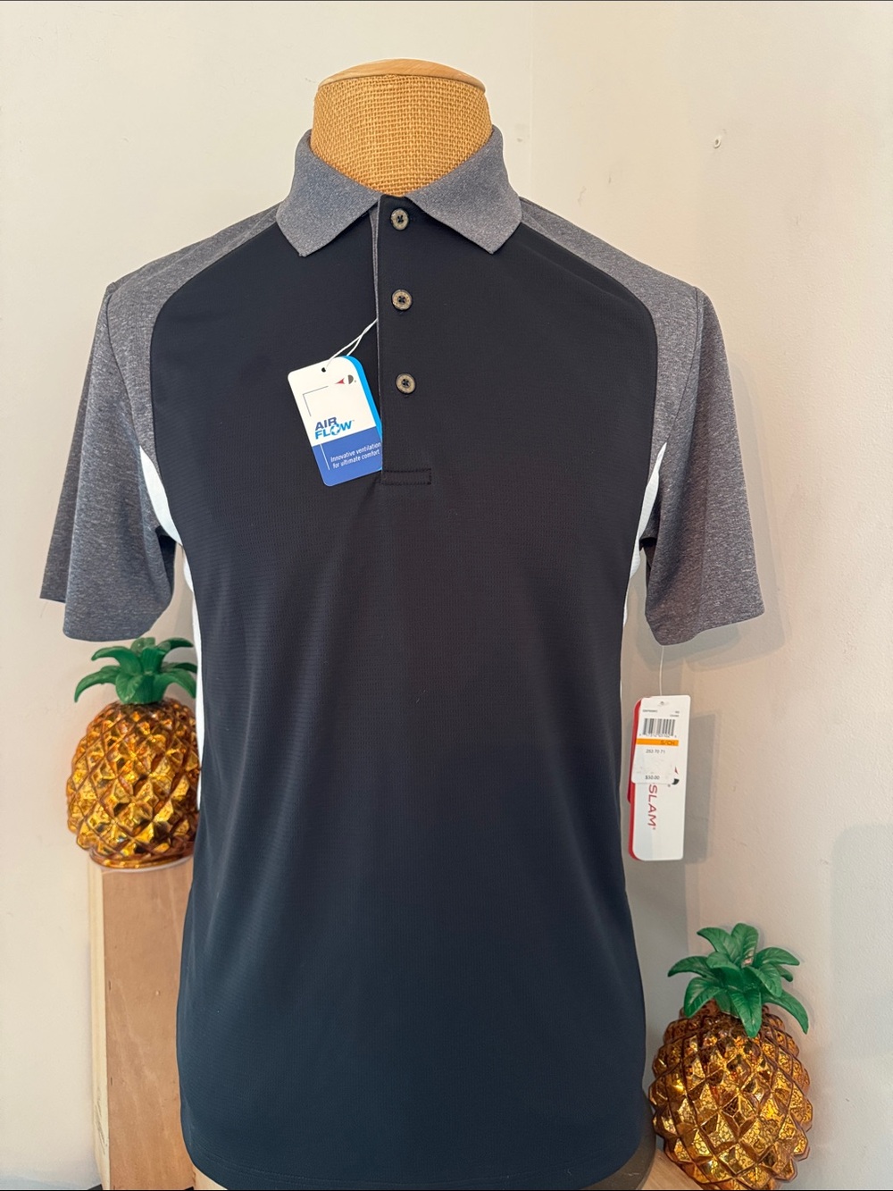 Grand Slam Black Polo with Heather Gray Sleeves & Collar
